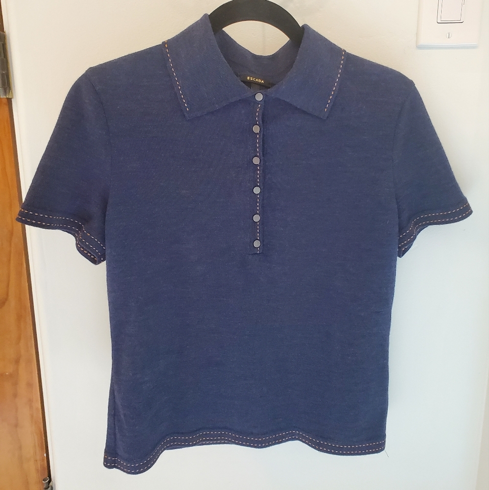 Escada Navy Demin Look Wool 5 Snap Polo Shirt